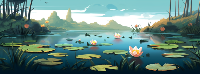 绿色荷花荷塘山水插画背景,插画/手绘图,插画/手绘图库,插画/手绘图下载,插画/手绘